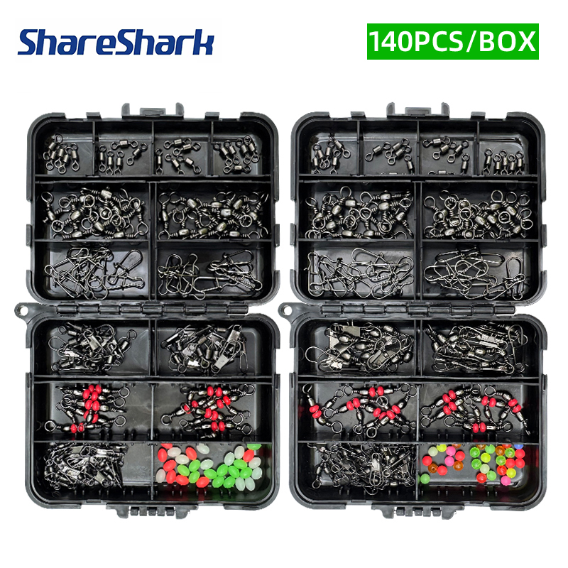 Fishing Lure Box - ShareShark 140-teiliges Angelzubehör-Set, Angelwirbel-Stopper-Perlen mit Schwarzer
